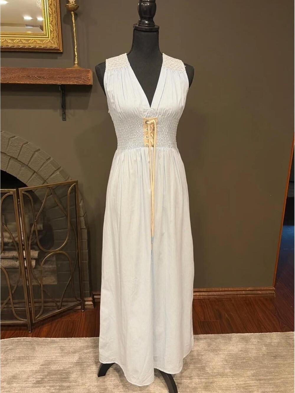Moon River White Maxi Dress with Cream Lace-Up Detail